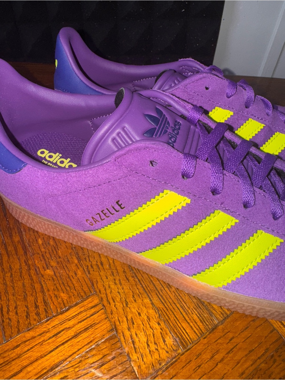 adidas Purple Suede Sneakers with Neon Yellow Stripes